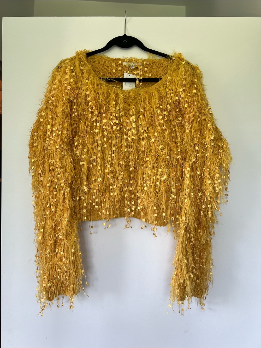 Cropped Yellow-Gold Fringe Sequin Knit Sweater